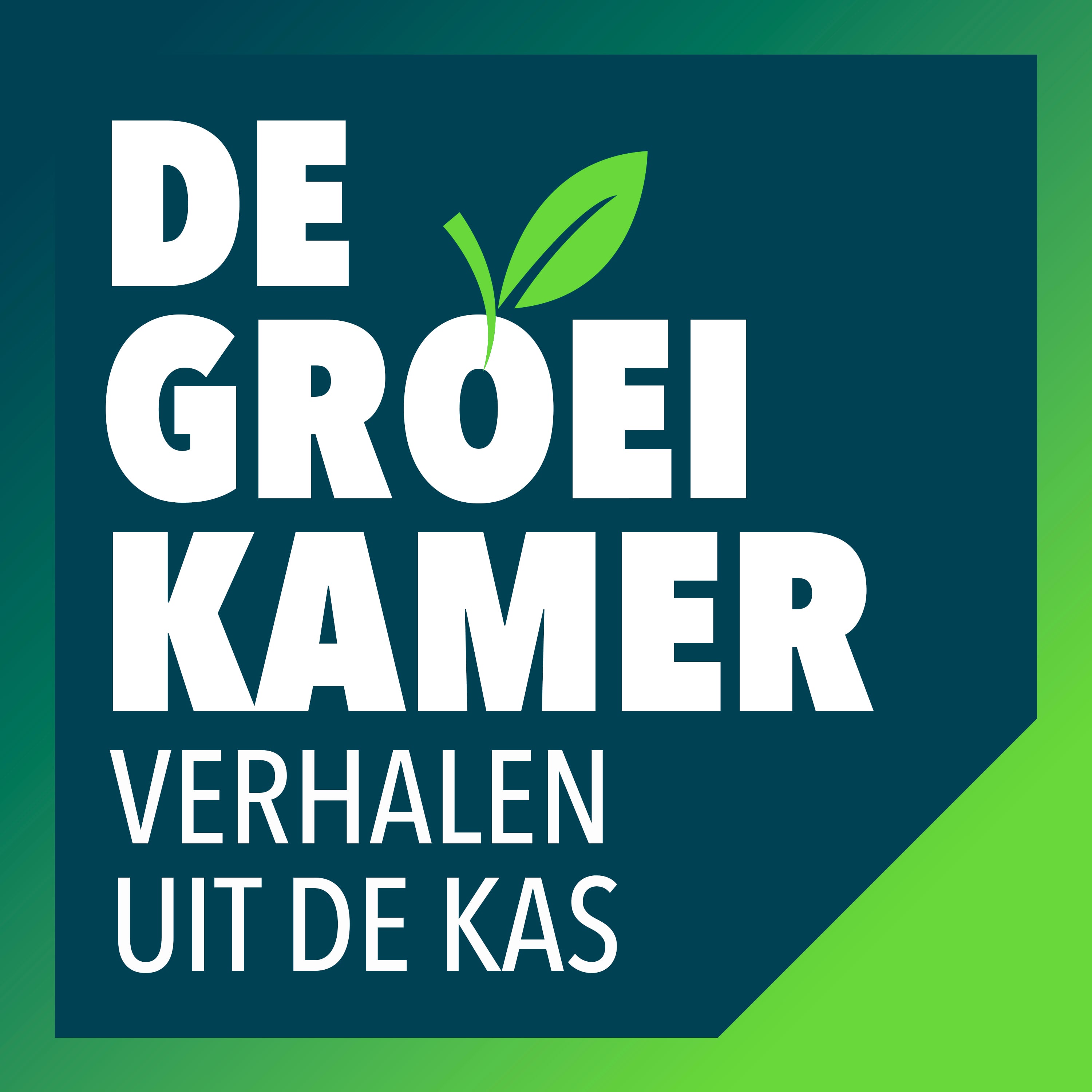 A graphic with the text 'DE GROEIKAMER' in large white letters on a dark blue background, followed by 'VERHALEN UIT DE KAS' in smaller white letters. There is also a green sprout with two leaves centered between the lines of text. The background has a green color gradient.