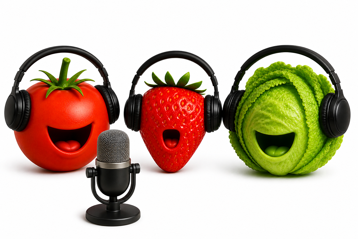 Three anthropomorphized fruits, a tomato, a strawberry, and a lettuce, each wearing headphones and smiling. The tomato and strawberry are positioned on the left, while the lettuce is on the right. In the center, there is a microphone stand with a microphone attached to it.